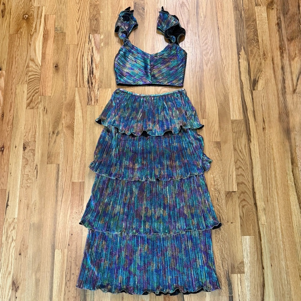 Saylor x Free People Gianna Iridescent Crop Top & Tiered Skirt Two Piece Set S - Picture 2 of 10